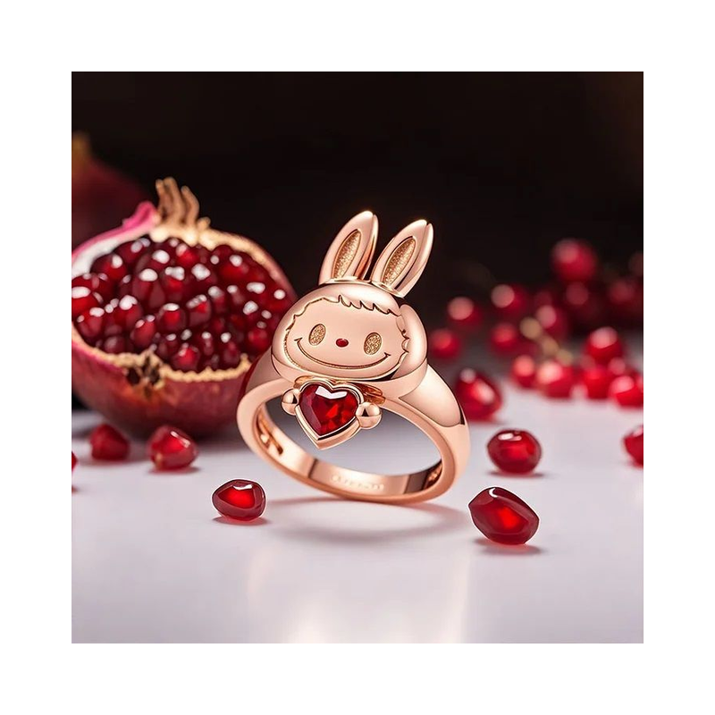 Bague cocktail Labubu souriant embrasse un cœur d'amour