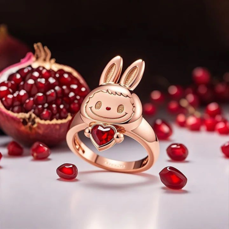 Bague cocktail Labubu souriant embrasse un cœur d'amour