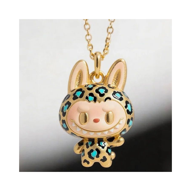 Leopard print necklace and smiling Labubu
