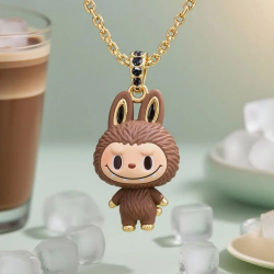 Grinning Labubu Brown Enamel Pendant Necklace