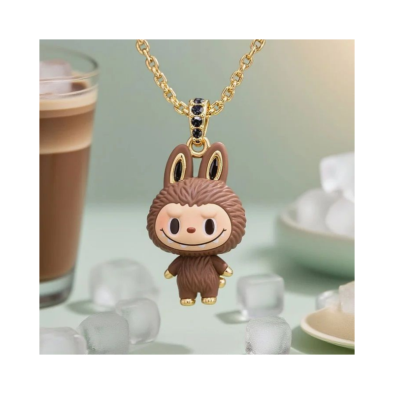 Grinning Labubu Brown Enamel Pendant Necklace