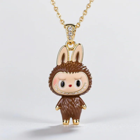 Grinning Labubu Brown Enamel Pendant Necklace