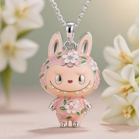 Pink enamel pendant necklace with smiling Labubu flower