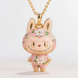 Pink enamel pendant necklace with smiling Labubu flower