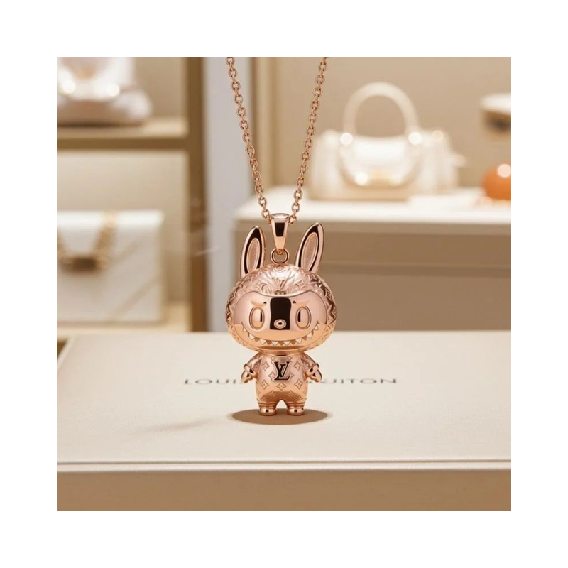 Grinning Labubu YL Four-Leaf Floral Pendant Necklace