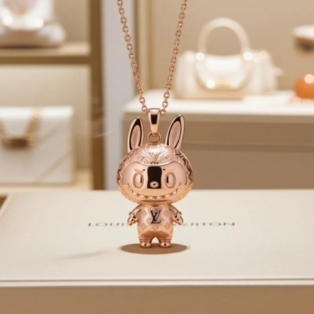 Grinning Labubu YL Four-Leaf Floral Pendant Necklace