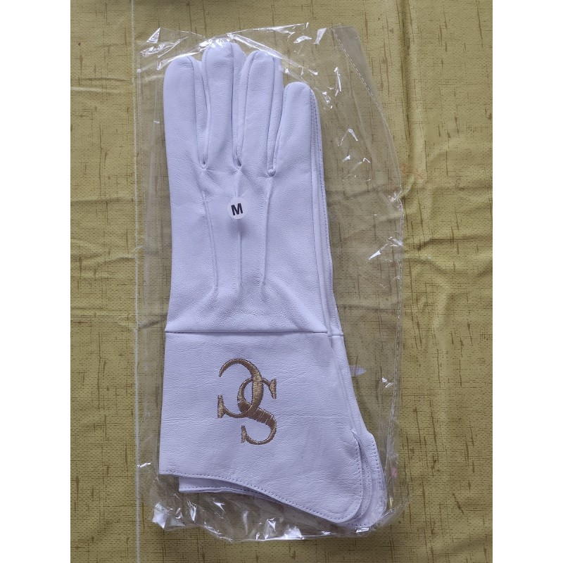 White leather glove with gold embroidered SC 1 logo