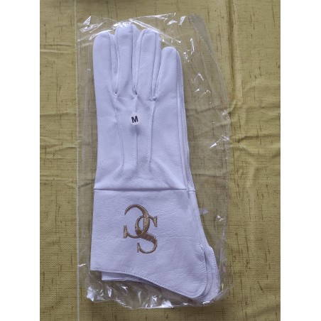 White leather glove with gold embroidered SC 1 logo