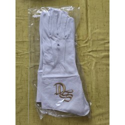 White leather glove with gold embroidered SC 2 logo