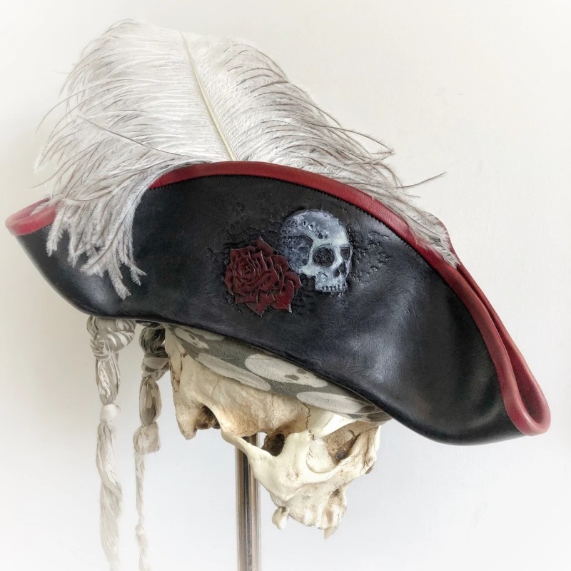 Tricorne leather hat with skull and rose
