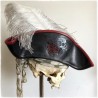 Tricorne leather hat with skull and rose