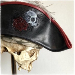 Tricorne leather hat with skull and rose