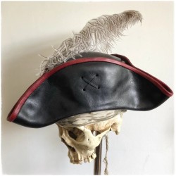 Tricorne leather hat with skull and rose