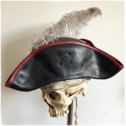 Tricorne leather hat with skull and rose